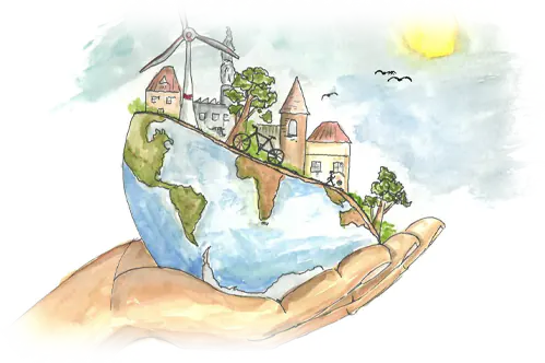Eine Hand hält die Erde, auf der Erde sind Windrad, Fahrrad, Bäume und Häuser. Zeichnung für Nachhaltigkeit